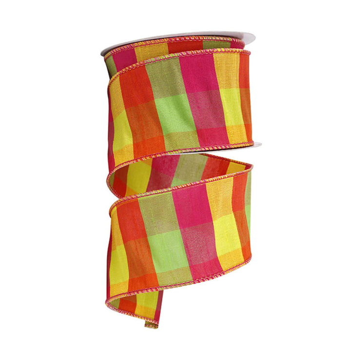 2.5" Pink Yellow Green Plaid Ribbon, Christmas Plaid Ribbon