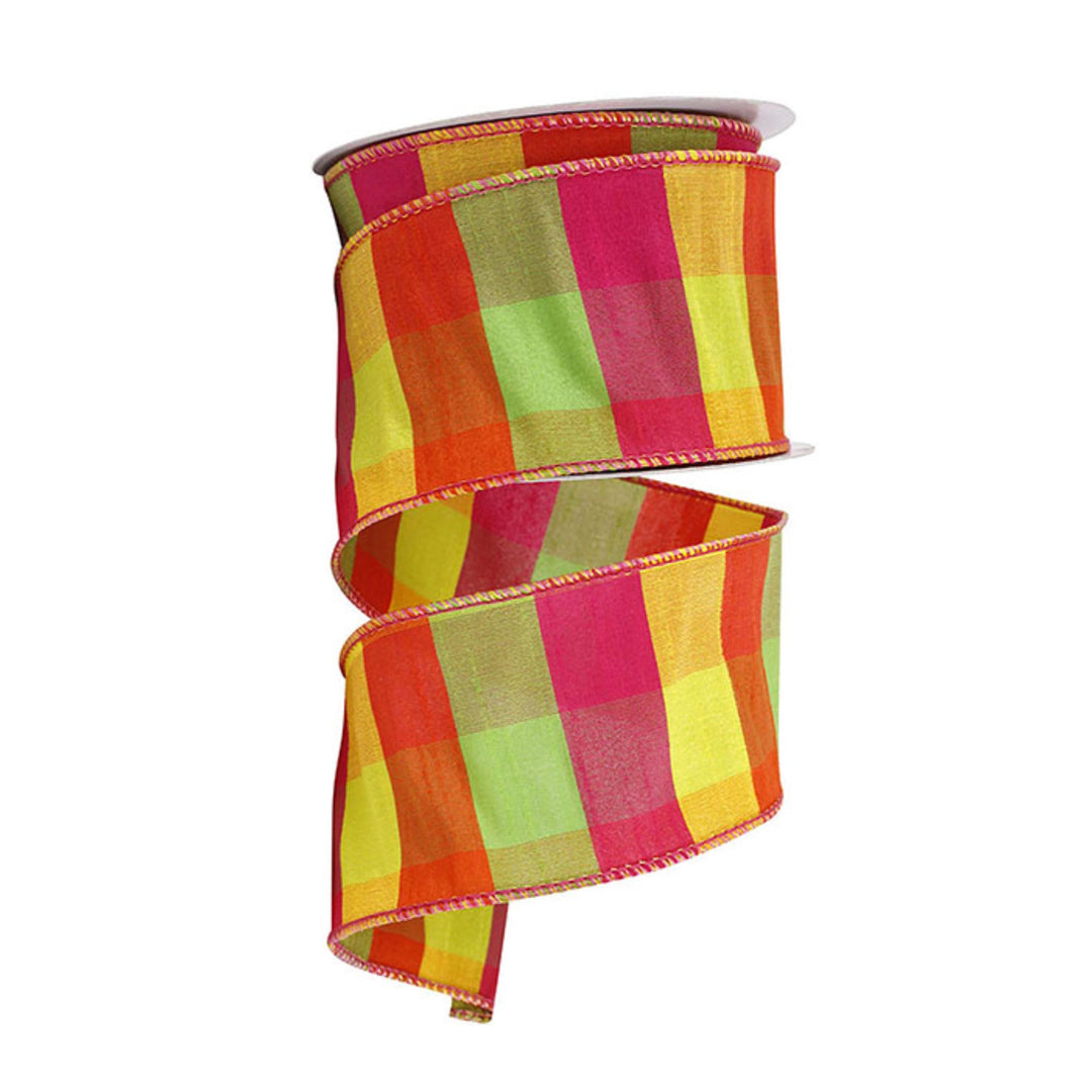 2.5" Pink Yellow Green Plaid Ribbon, Christmas Plaid Ribbon