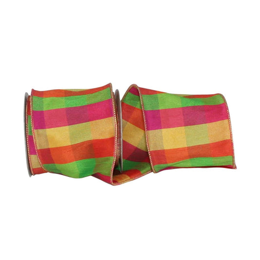4" Pink Yellow Green Plaid Ribbon, Christmas Plaid Ribbon