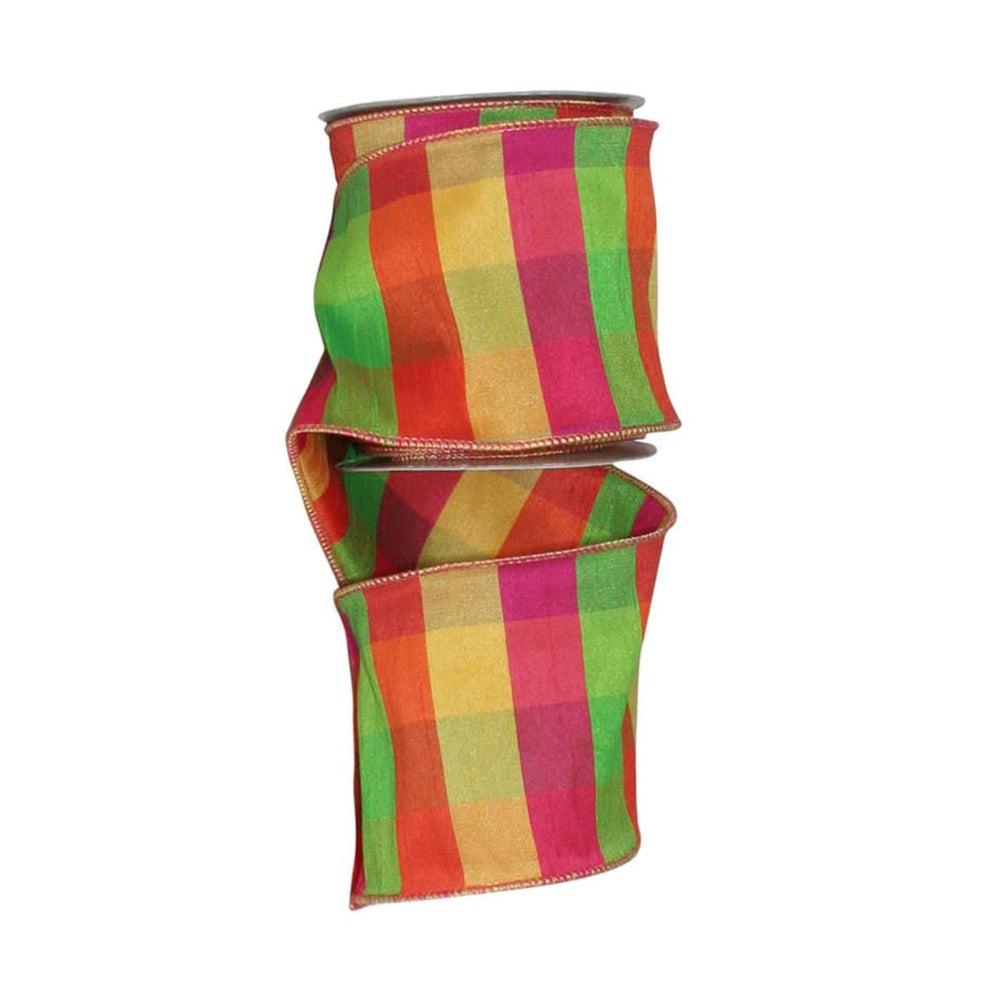 4" Pink Yellow Green Plaid Ribbon, Christmas Plaid Ribbon