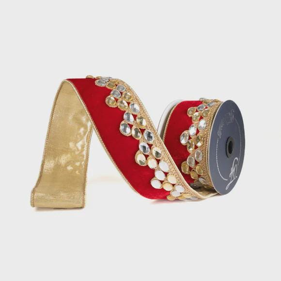 2.5" Red Velvet Ribbon, Red Gold Jeweled Ribbon