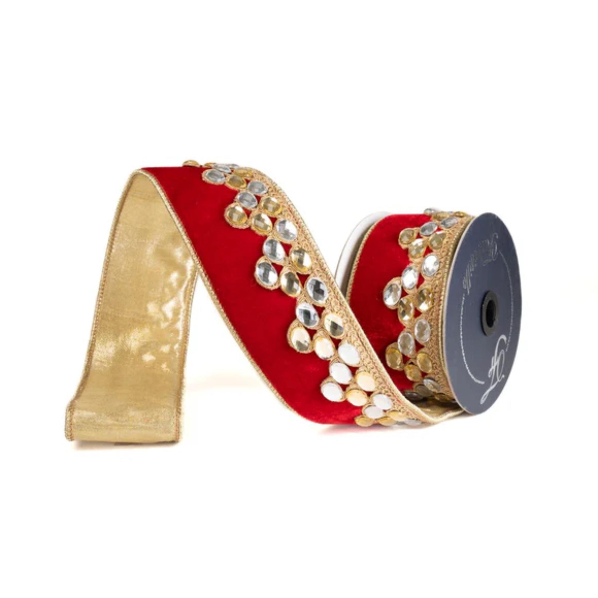 2.5" Red Velvet Ribbon, Red Gold Jeweled Ribbon, Christmas Ribbon, Farrisilk Ribbon