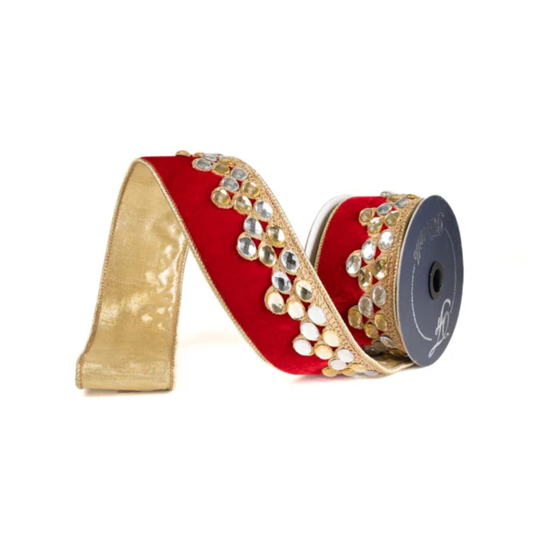 2.5" Red Velvet Ribbon, Red Gold Jeweled Ribbon, Christmas Ribbon