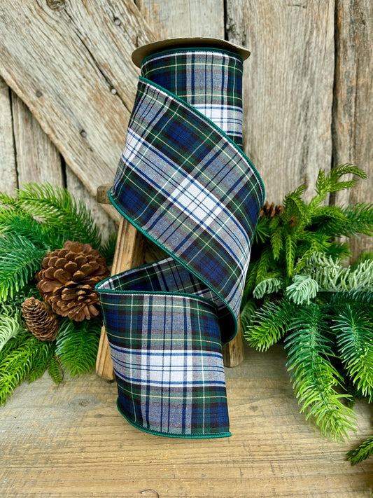 4" Blue Christmas Plaid Ribbon,Blue Green Plaid Ribbon, Traditional Christmas Plaid Ribbon