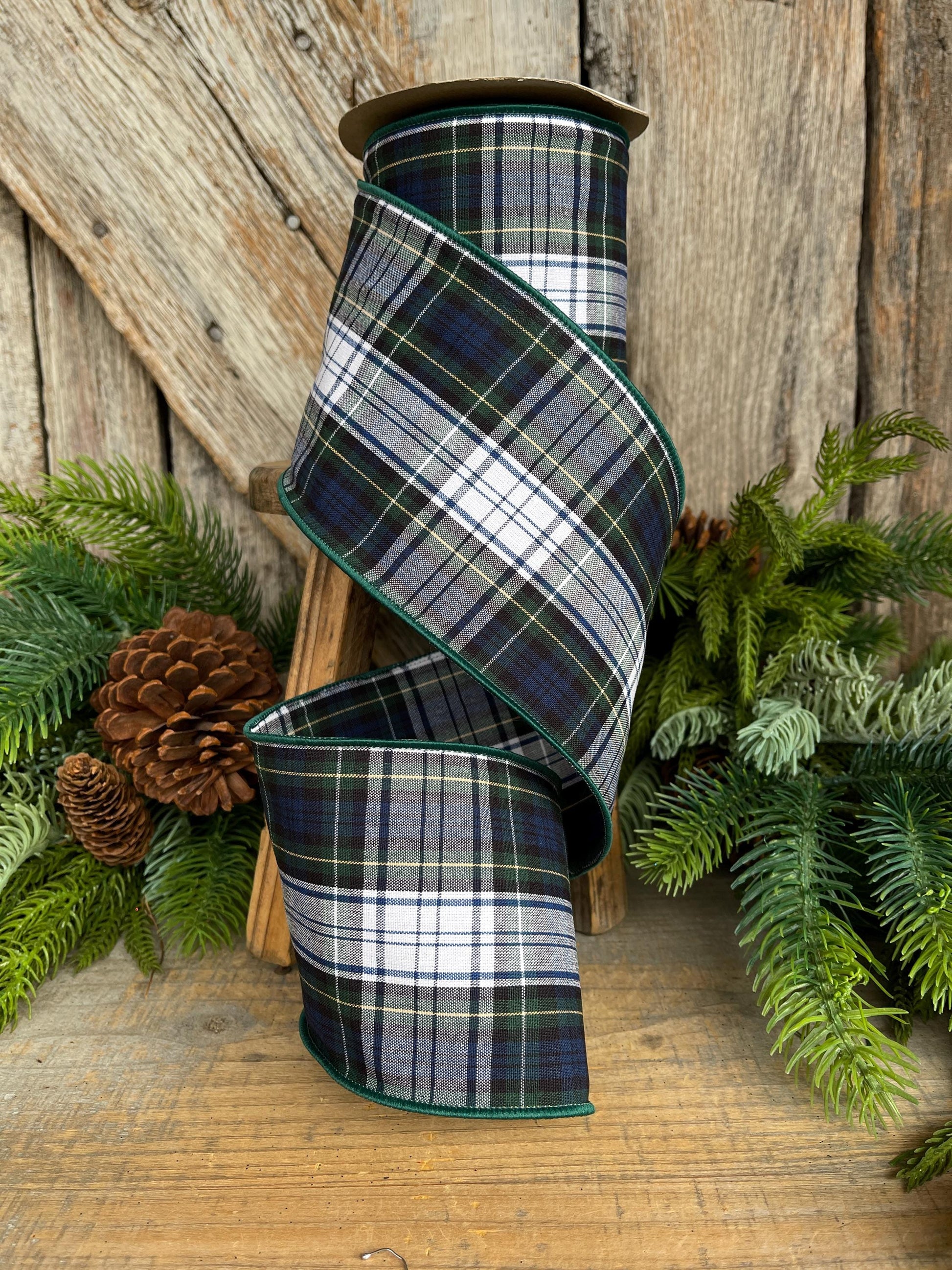 4" Blue Christmas Plaid Ribbon,Blue Green Plaid Ribbon, Traditional Christmas Plaid Ribbon