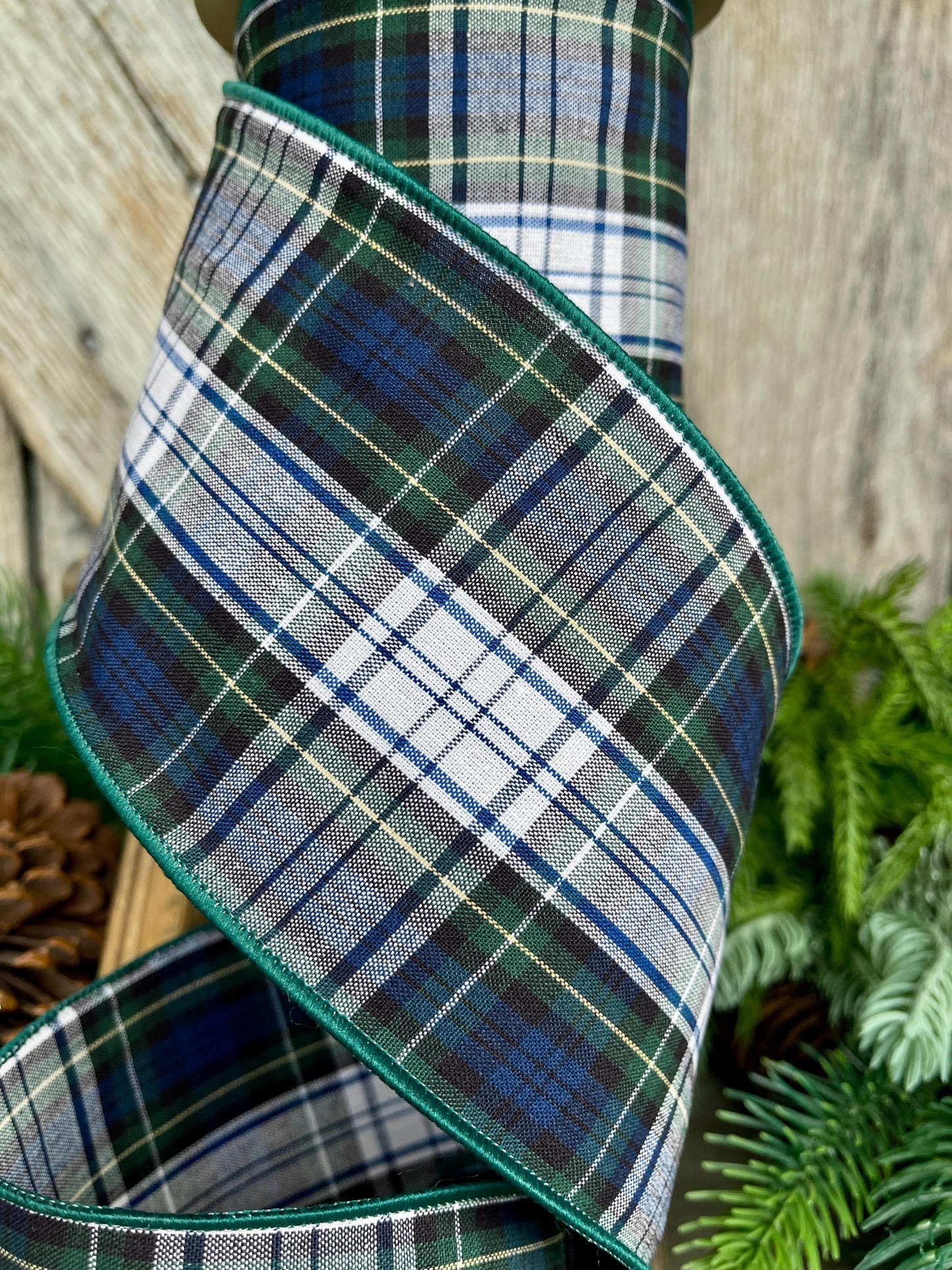 4" Blue Christmas Plaid Ribbon,Blue Green Plaid Ribbon, Traditional Christmas Plaid Ribbon