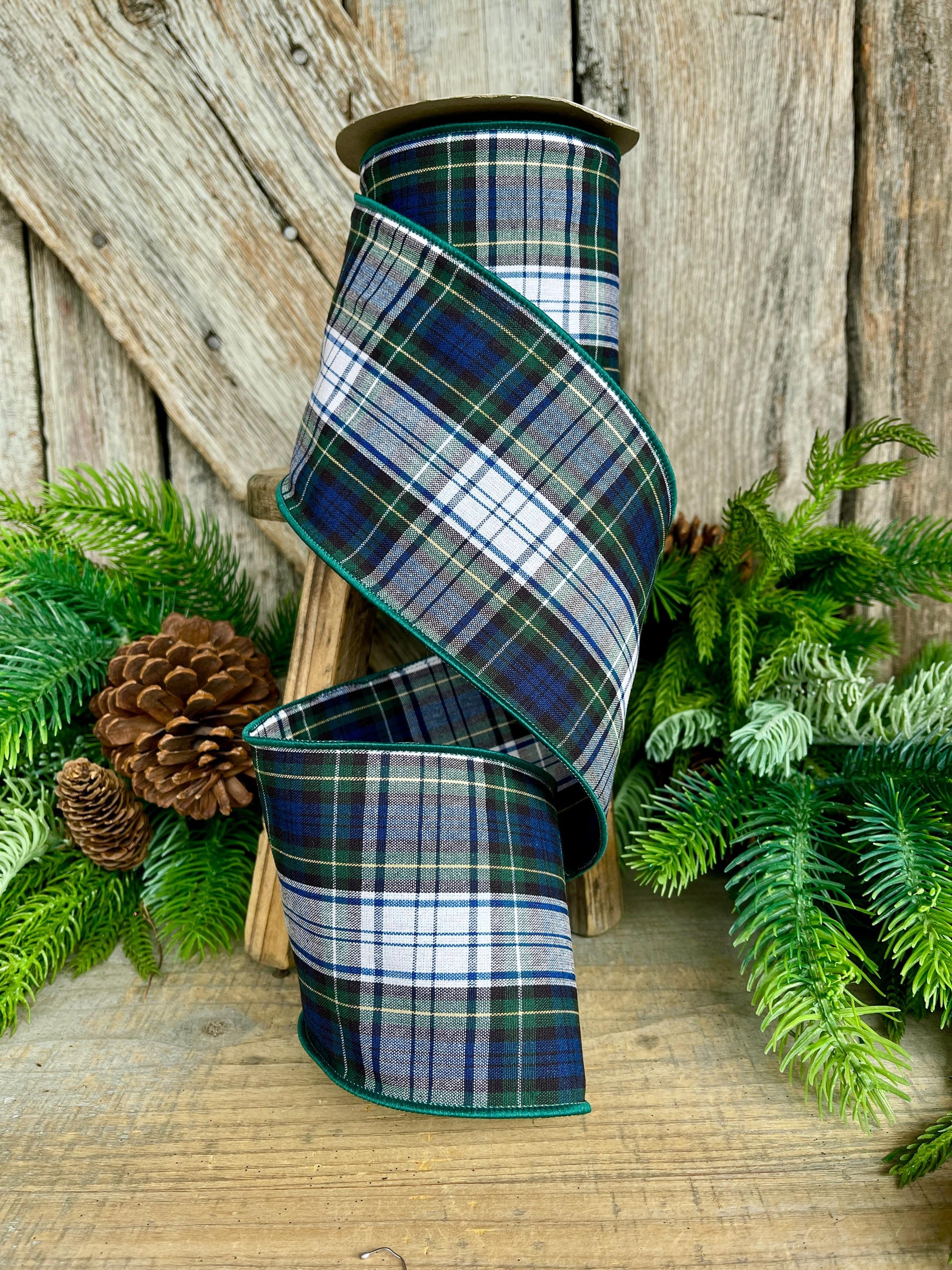 4" Blue Christmas Plaid Ribbon,Blue Green Plaid Ribbon, Traditional Christmas Plaid Ribbon