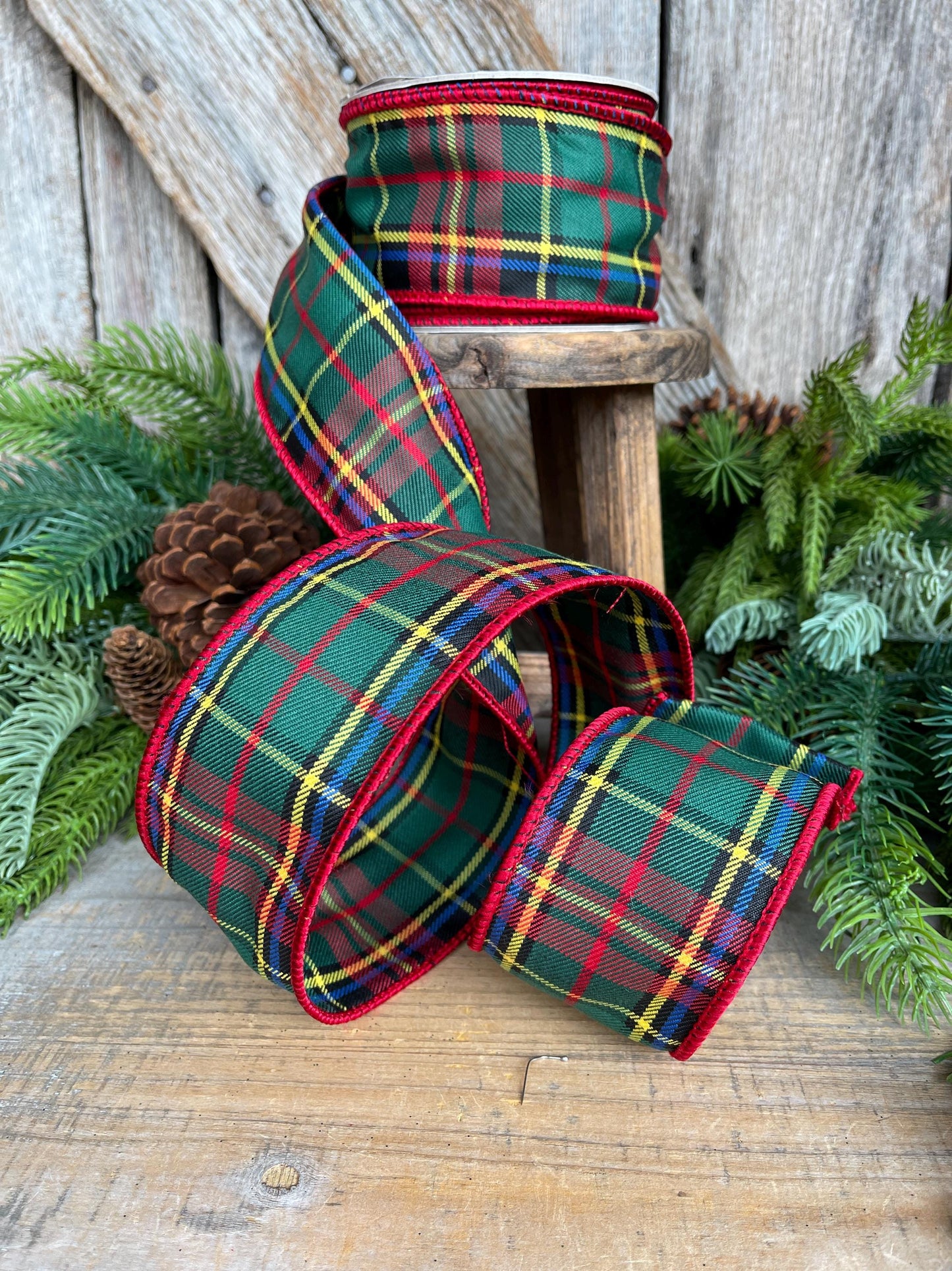 2.5" Traditional CHristmas Plaid, Wired Ribbon, Red Green Chirstmas Plaid RIbbon, RIbbon for Treee, Christmas Plaid