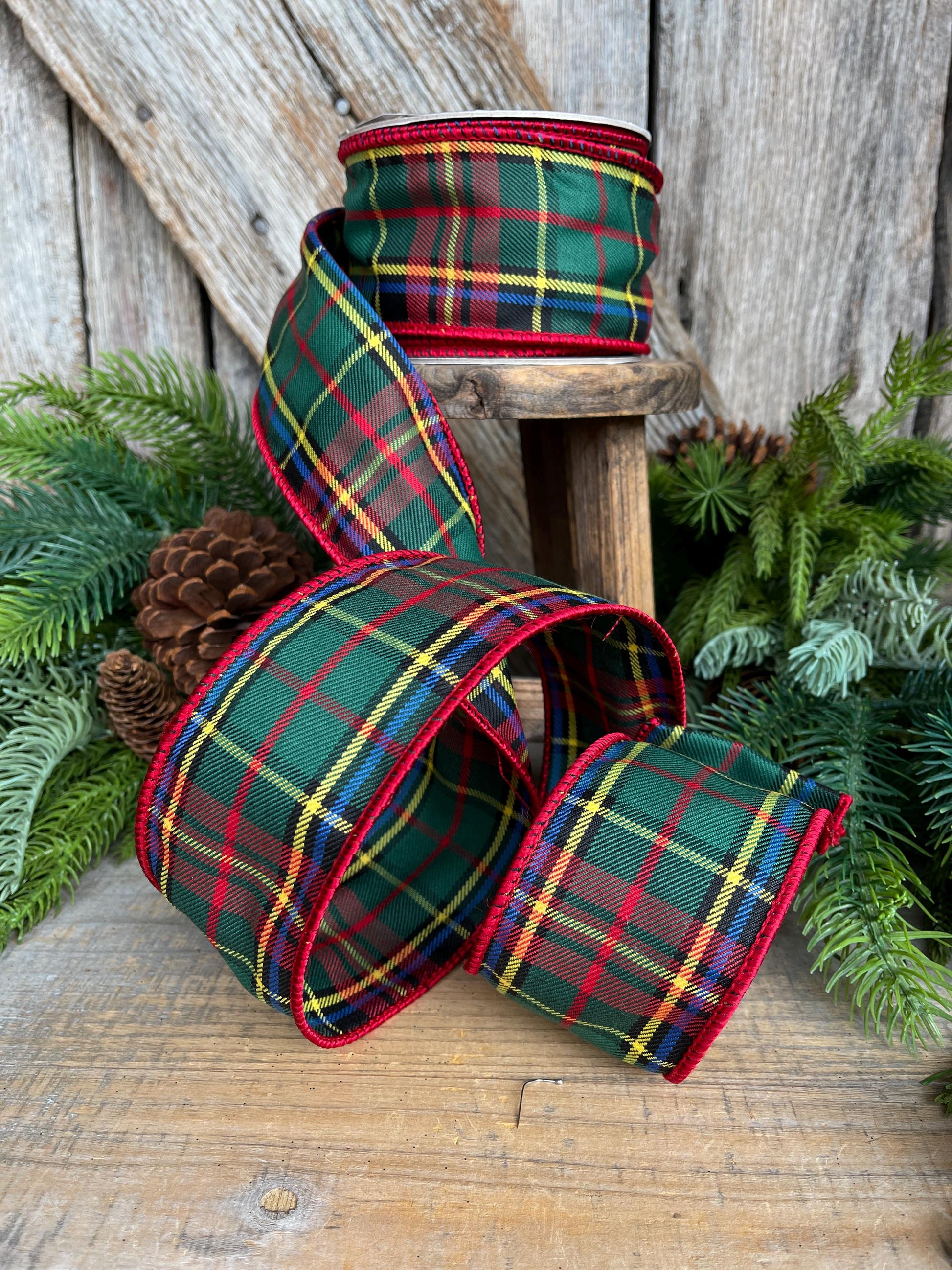2.5" Traditional CHristmas Plaid, Wired Ribbon, Red Green Chirstmas Plaid RIbbon, RIbbon for Treee, Christmas Plaid