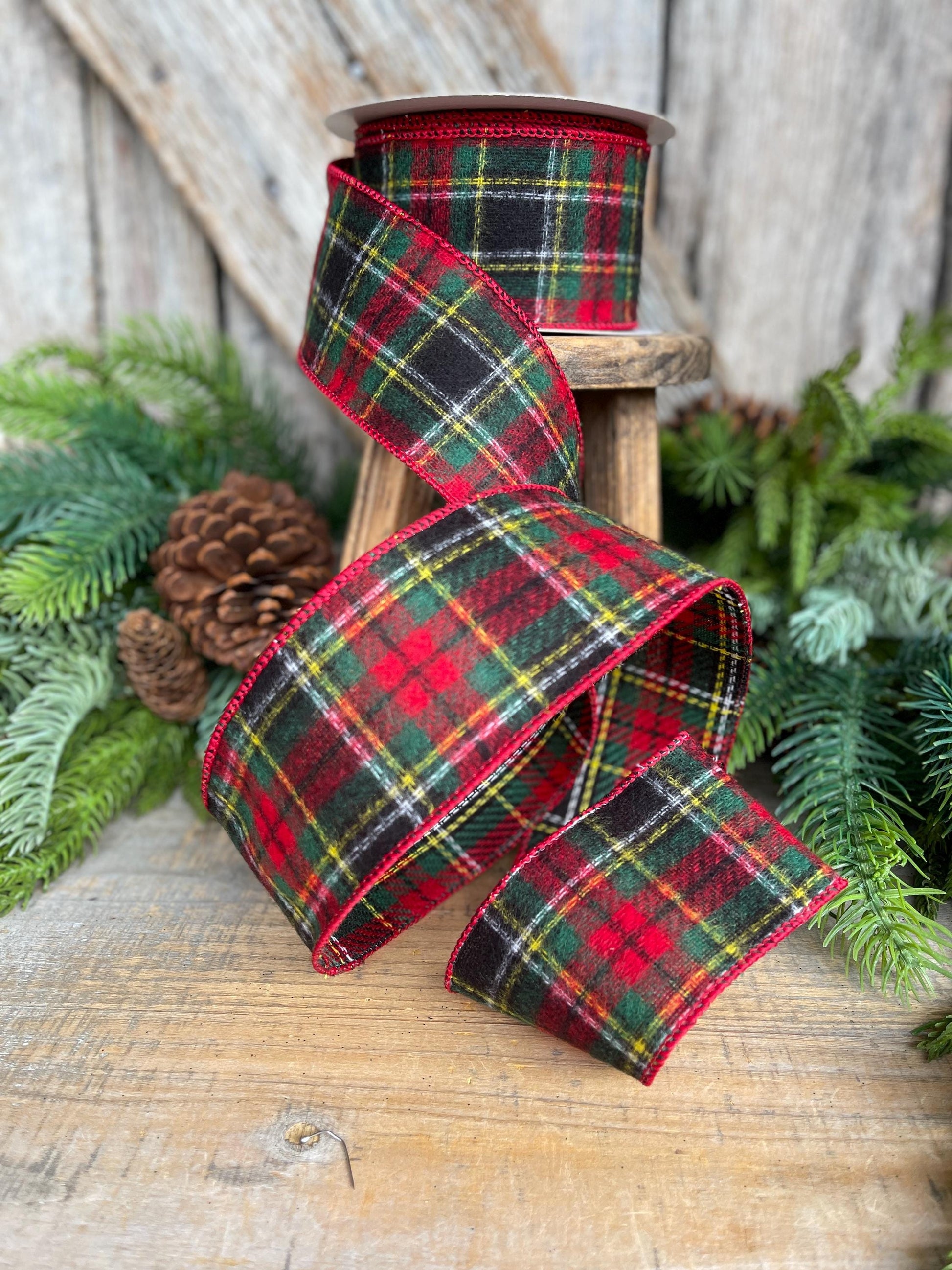 2.5" Traditional CHristmas Plaid, Wired Ribbon, Red Green Chirstmas Plaid RIbbon, RIbbon for Treee, Christmas Plaid