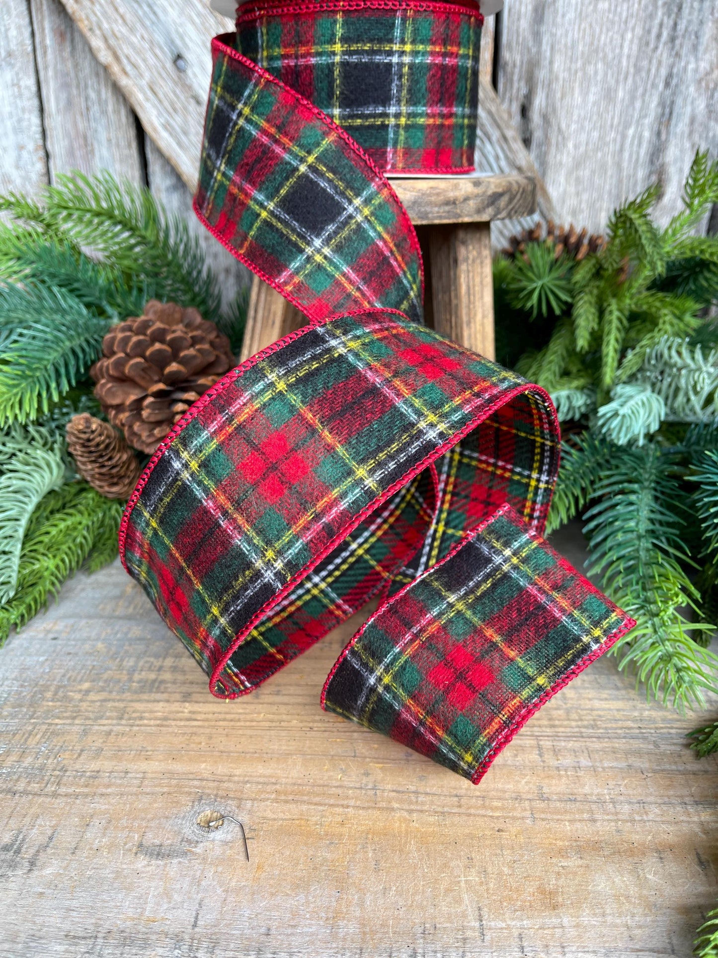 2.5" Traditional CHristmas Plaid, Wired Ribbon, Red Green Chirstmas Plaid RIbbon, RIbbon for Treee, Christmas Plaid