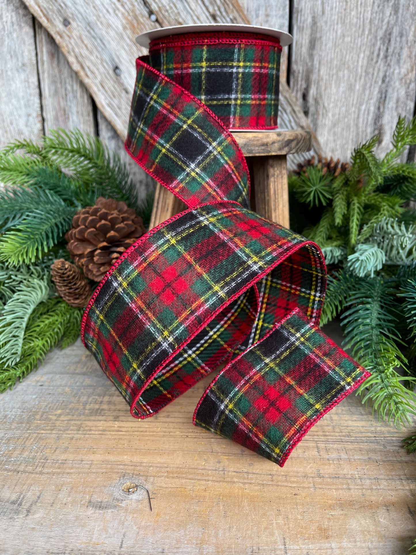 2.5" Traditional CHristmas Plaid, Wired Ribbon, Red Green Chirstmas Plaid RIbbon, RIbbon for Treee, Christmas Plaid