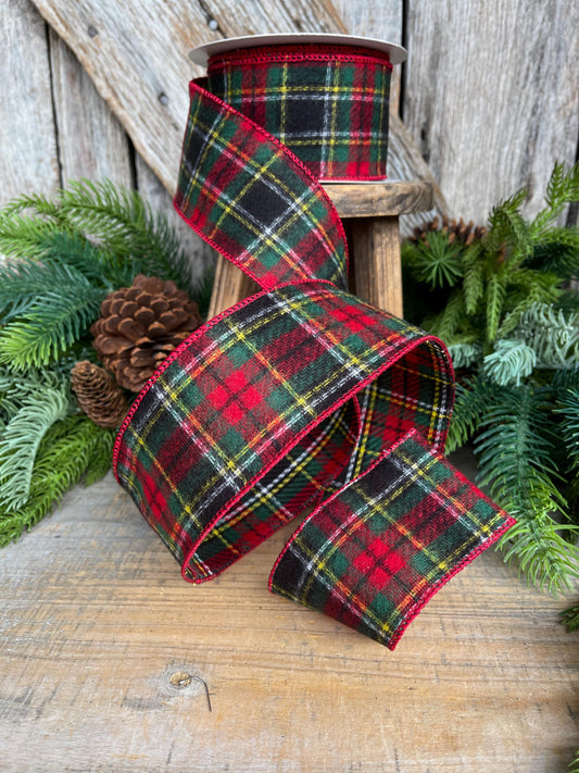 2.5" Traditional CHristmas Plaid, Wired Ribbon, Red Green Chirstmas Plaid RIbbon, RIbbon for Treee, Christmas Plaid