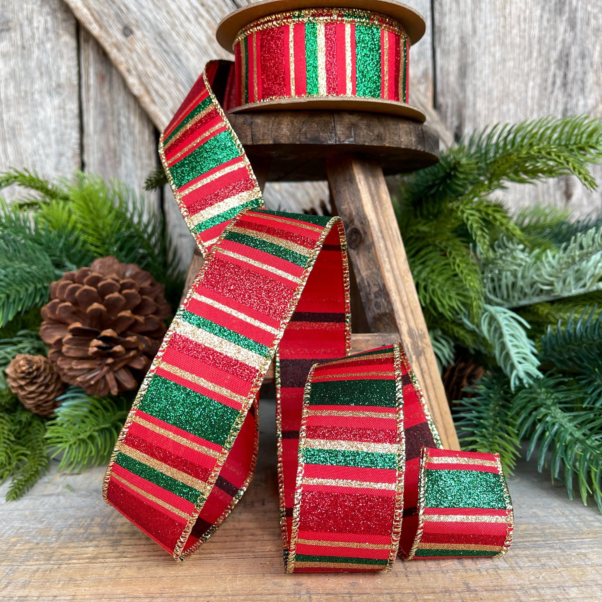 1.5" Red Green Gold Christmas Ribbon, Christmas Ribbon, 1.5" x 10 Yards