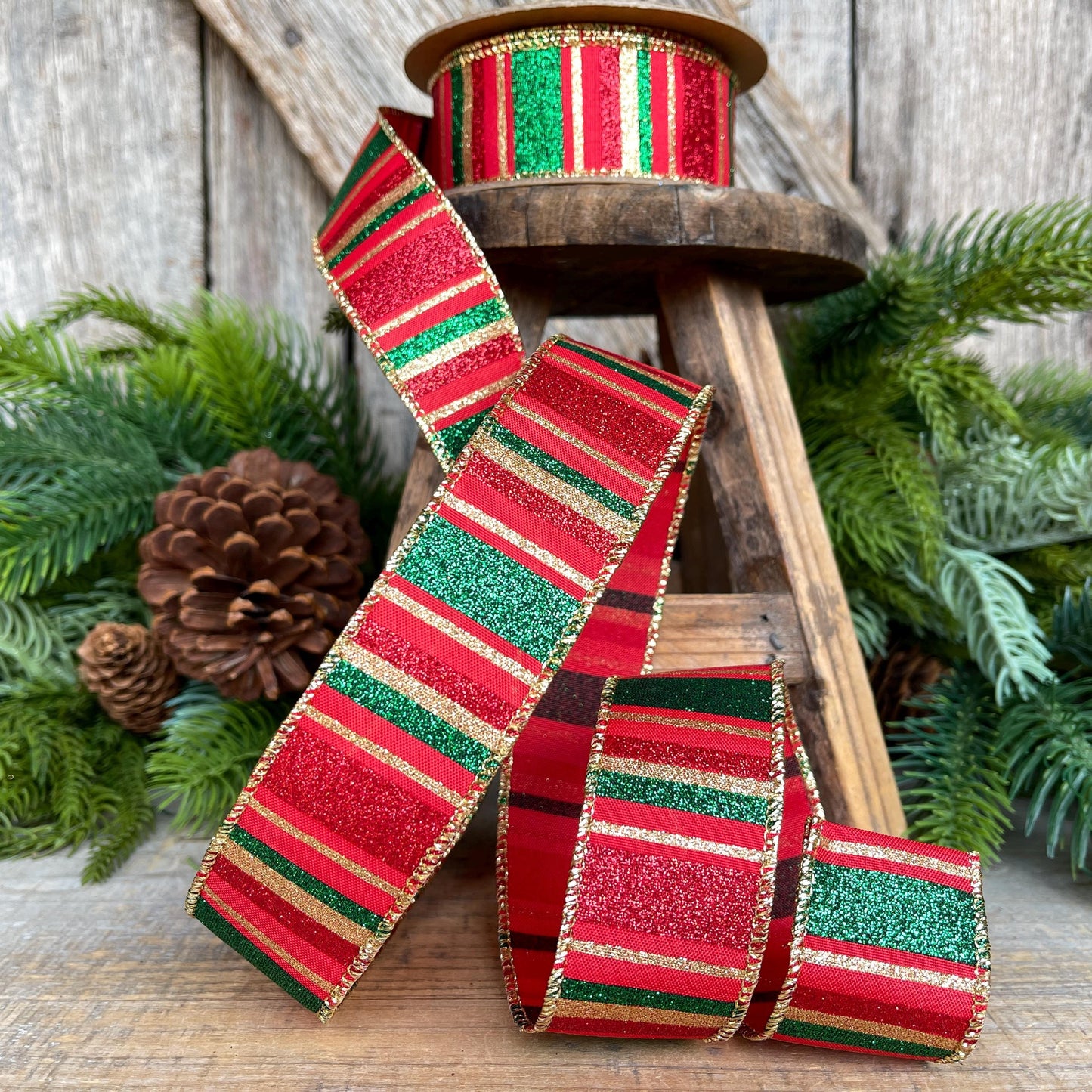 1.5" Red Green Gold Christmas Ribbon, Christmas Ribbon, 1.5" x 10 Yards