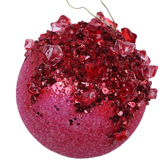 5" Pink Red Ornament, Sugar Crystal Ball Ornament, Farrisilk Ornament