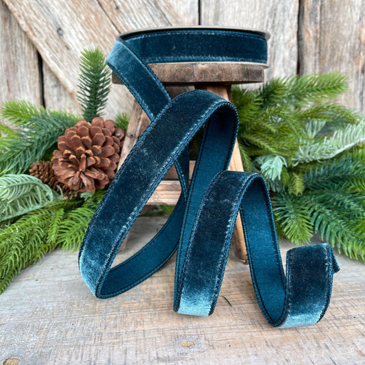 1" Dark Teal Velvet Luster RIbbon, Farrisilk Ribbon, Dark Teal Velvet RIbbon, Wired RIbbon, Designer RIbbon, Velvet Ribbon, RG008-19