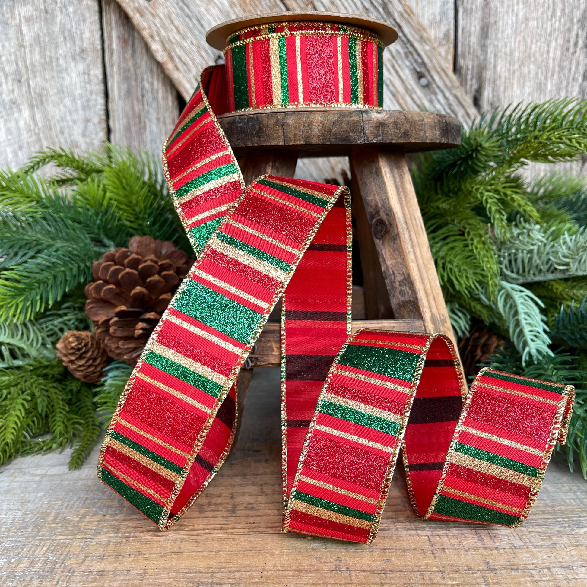 1.5" Red Green Gold Christmas Ribbon, Christmas Ribbon, 1.5" x 10 Yards