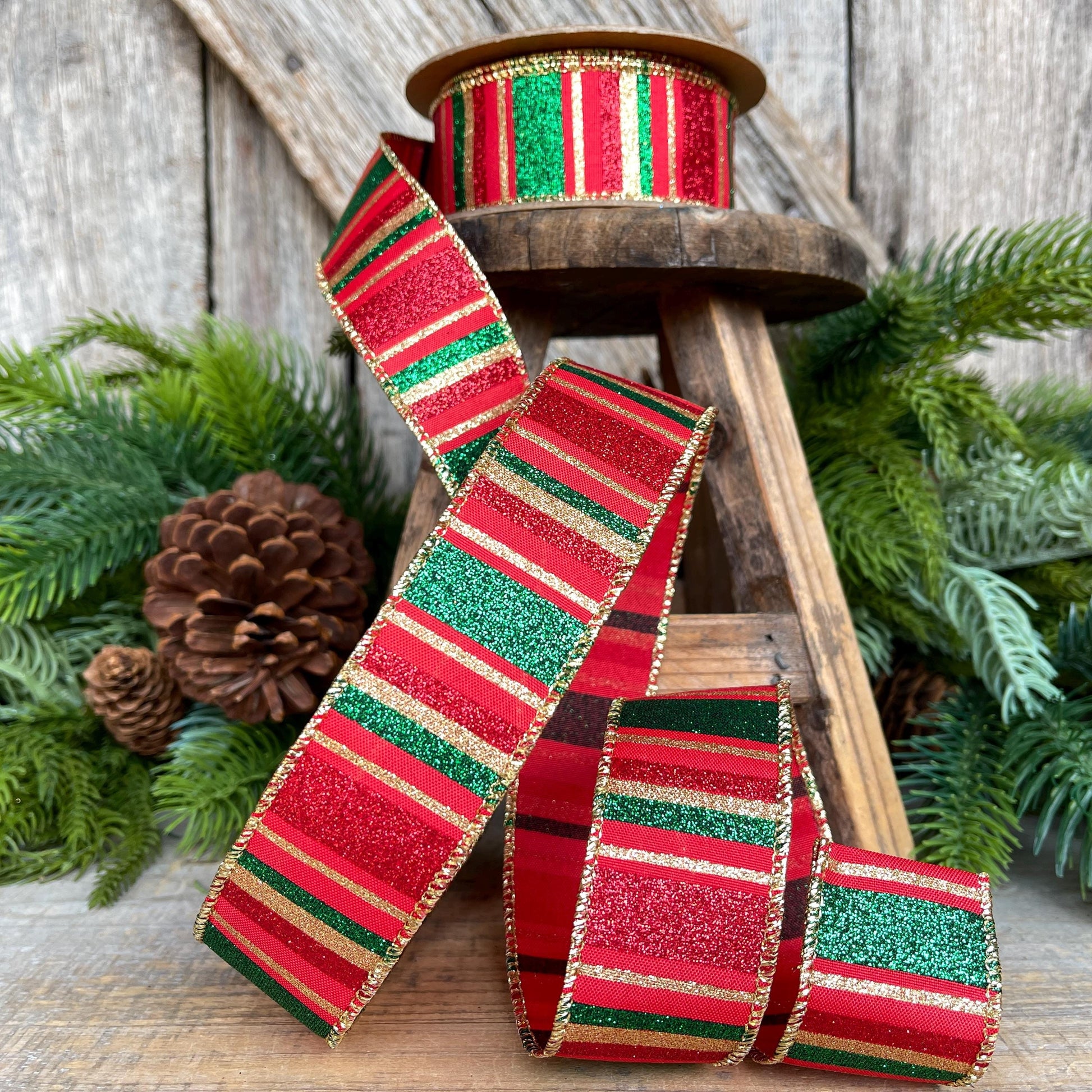 1.5" Red Green Gold Christmas Ribbon, Christmas Ribbon, 1.5" x 10 Yards