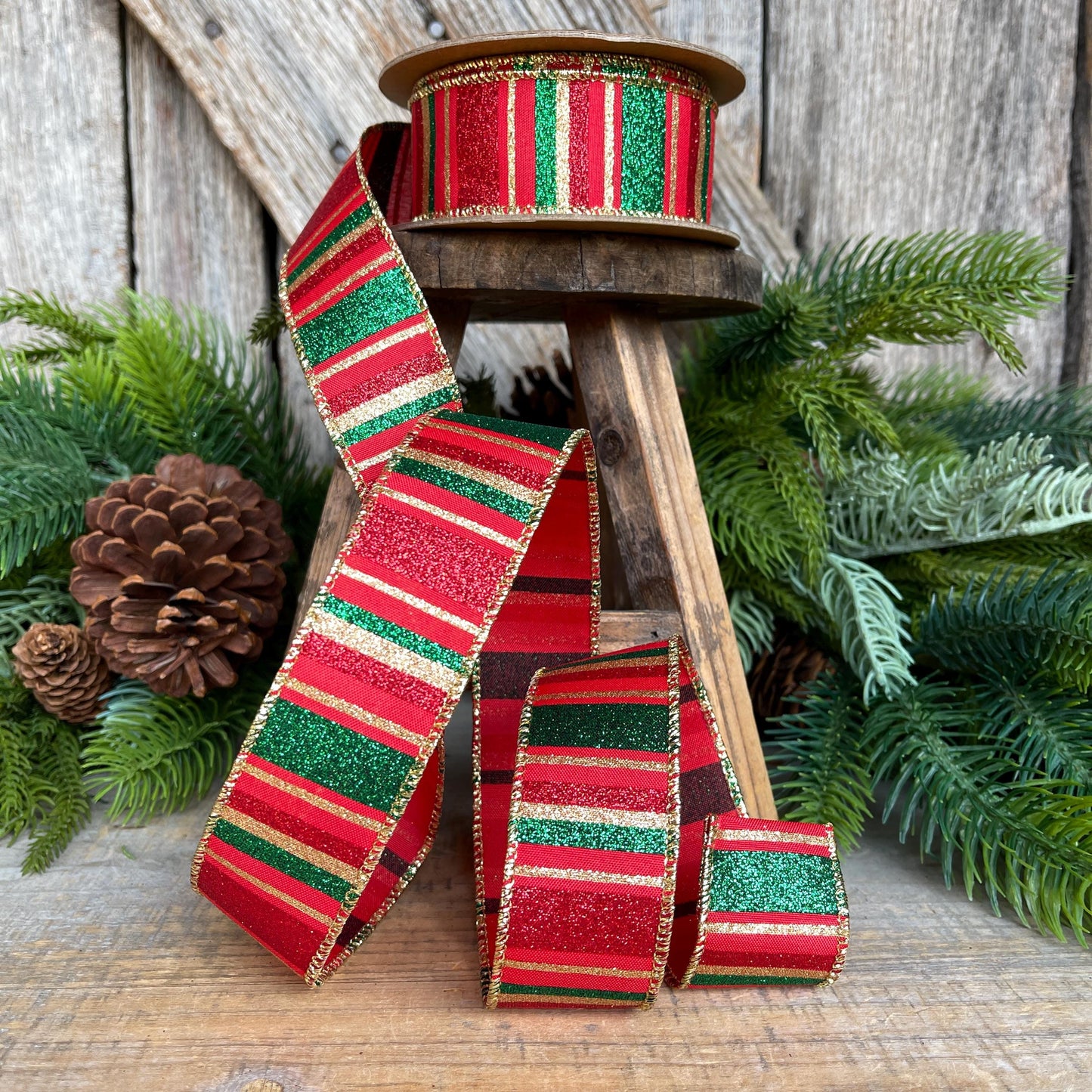1.5" Red Green Gold Christmas Ribbon, Christmas Ribbon, 1.5" x 10 Yards