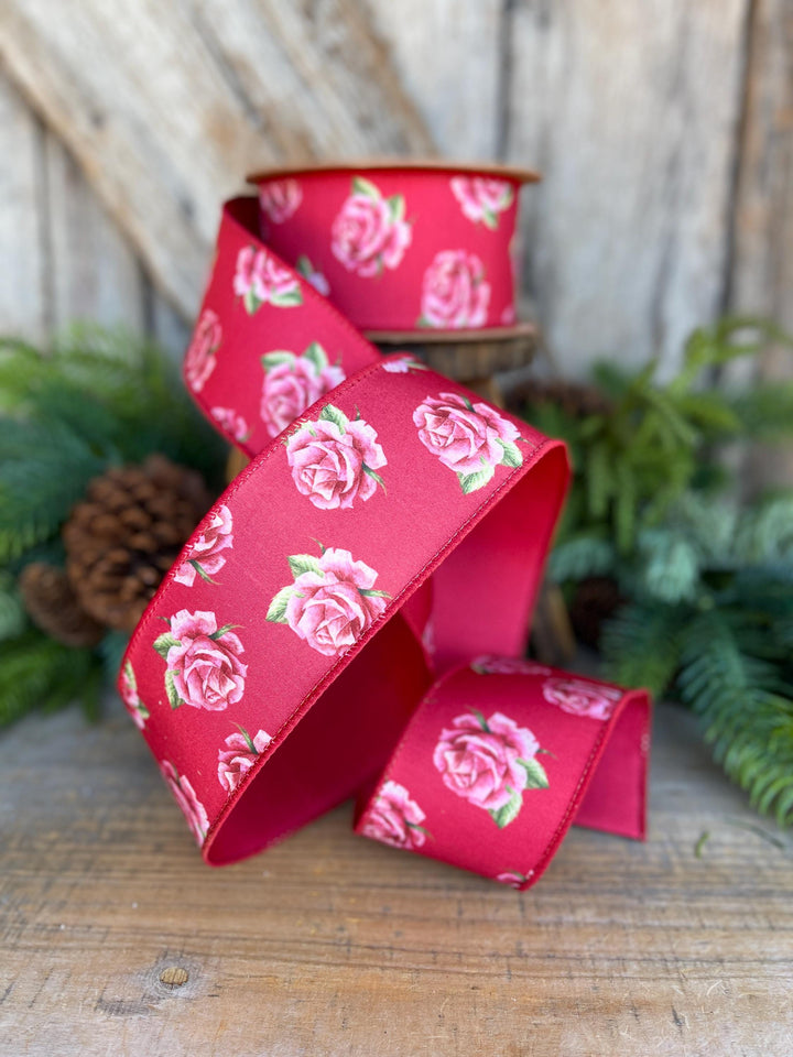 2.5" Valentine Ribbon, Red Pink Rose Wired Ribbon