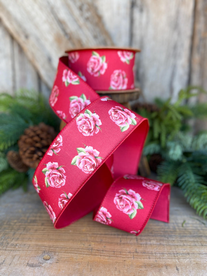 2.5" Valentine Ribbon, Red Pink Rose Wired Ribbon, Designer Ribbon