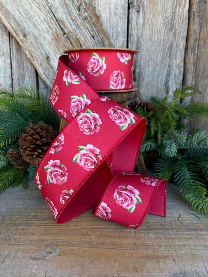 2.5" Valentine Ribbon, Red Pink Rose Wired Ribbon