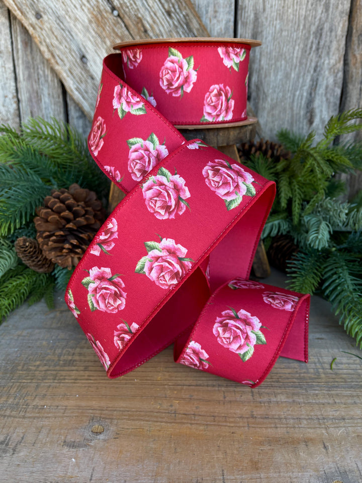 2.5" Valentine Ribbon, Red Pink Rose Wired Ribbon, Designer Ribbon