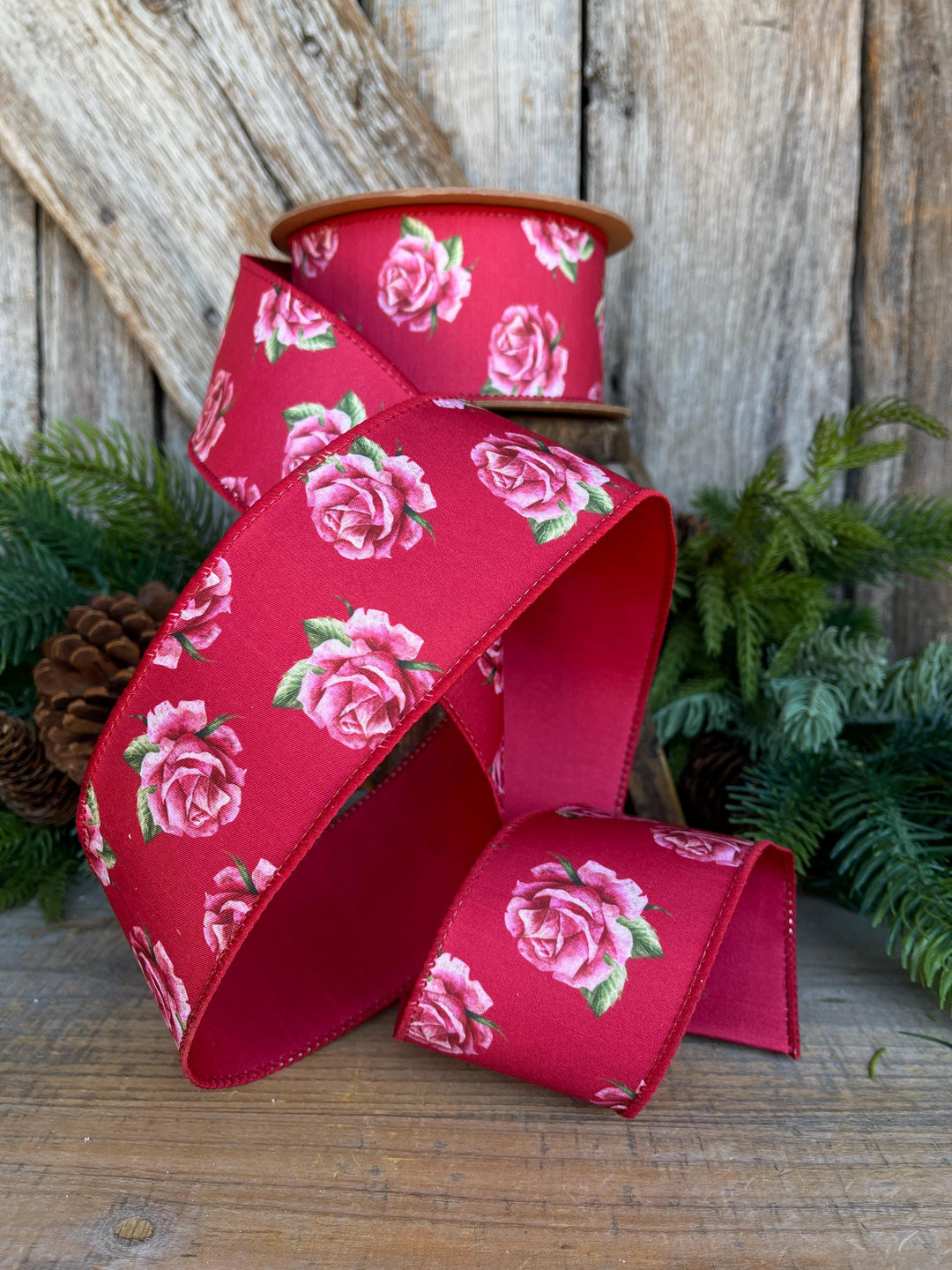 2.5" Valentine Ribbon, Red Pink Rose Wired Ribbon