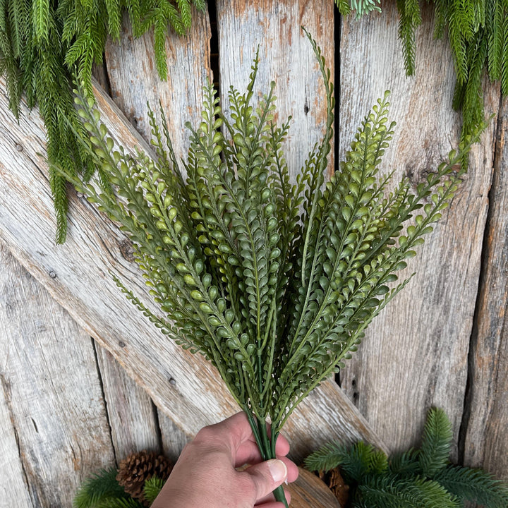 19" Button Fern Greenery Bush, Beaded Leaf Bush, Green Beaded Leaf Bush