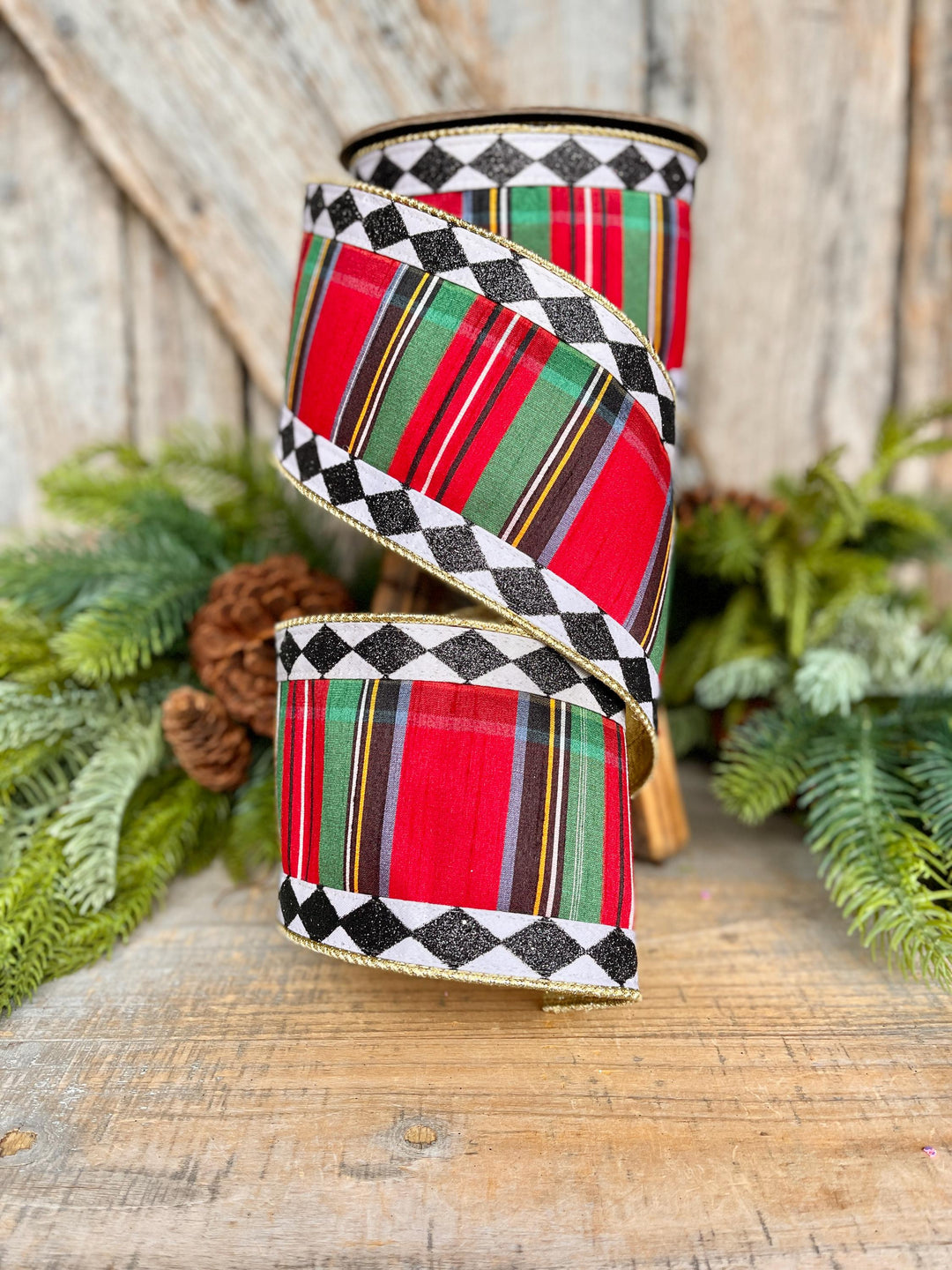 4" Christmas Plaid Ribbon, Harlequin Trim Ribbon
