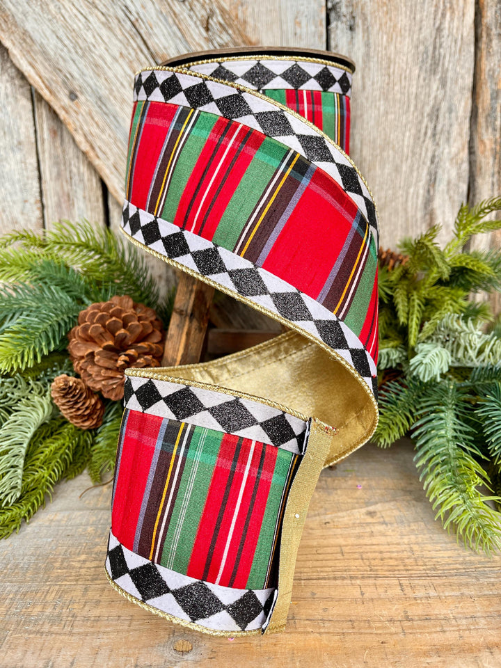 4" Christmas Plaid Ribbon, Harlequin Trim Ribbon