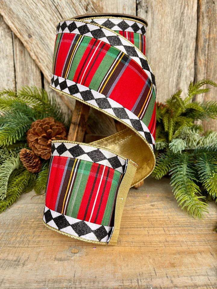 4" Christmas Plaid Ribbon, Harlequin Trim Ribbon