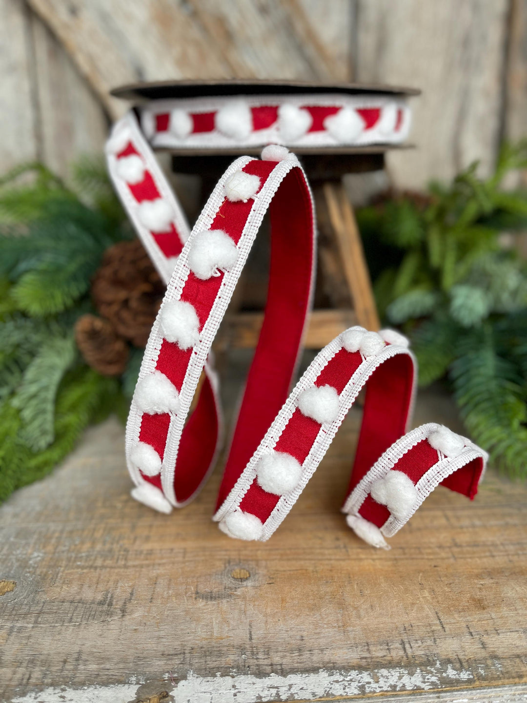 1" Red White Pom Pom Ribbon