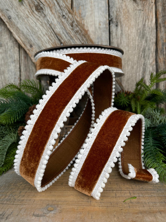 1.5" Chocolate Brown Gingerbread Ribbon with Pom Pom Edge, Wired Christmas Ribbon
