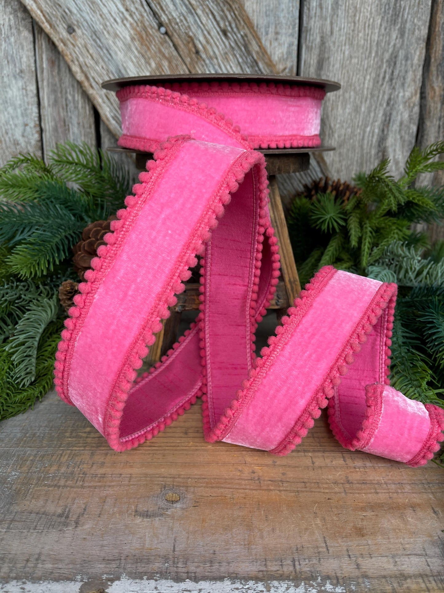 1.5" Pink Velvet Ribbon, Bubblegum Pink Ribbon with Pom Pom Edge