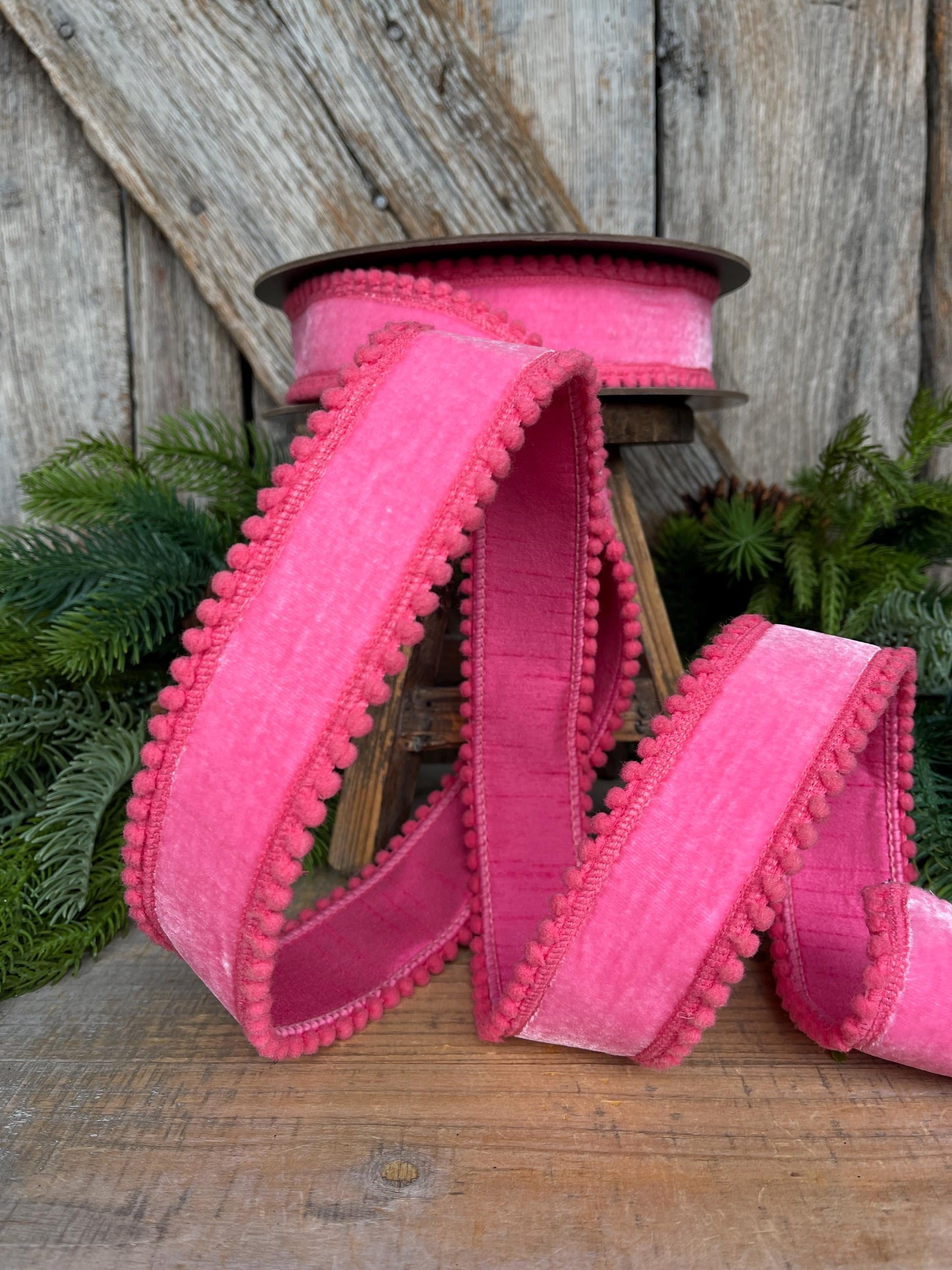 1.5" Pink Velvet Ribbon, Bubblegum Pink Ribbon with Pom Pom Edge