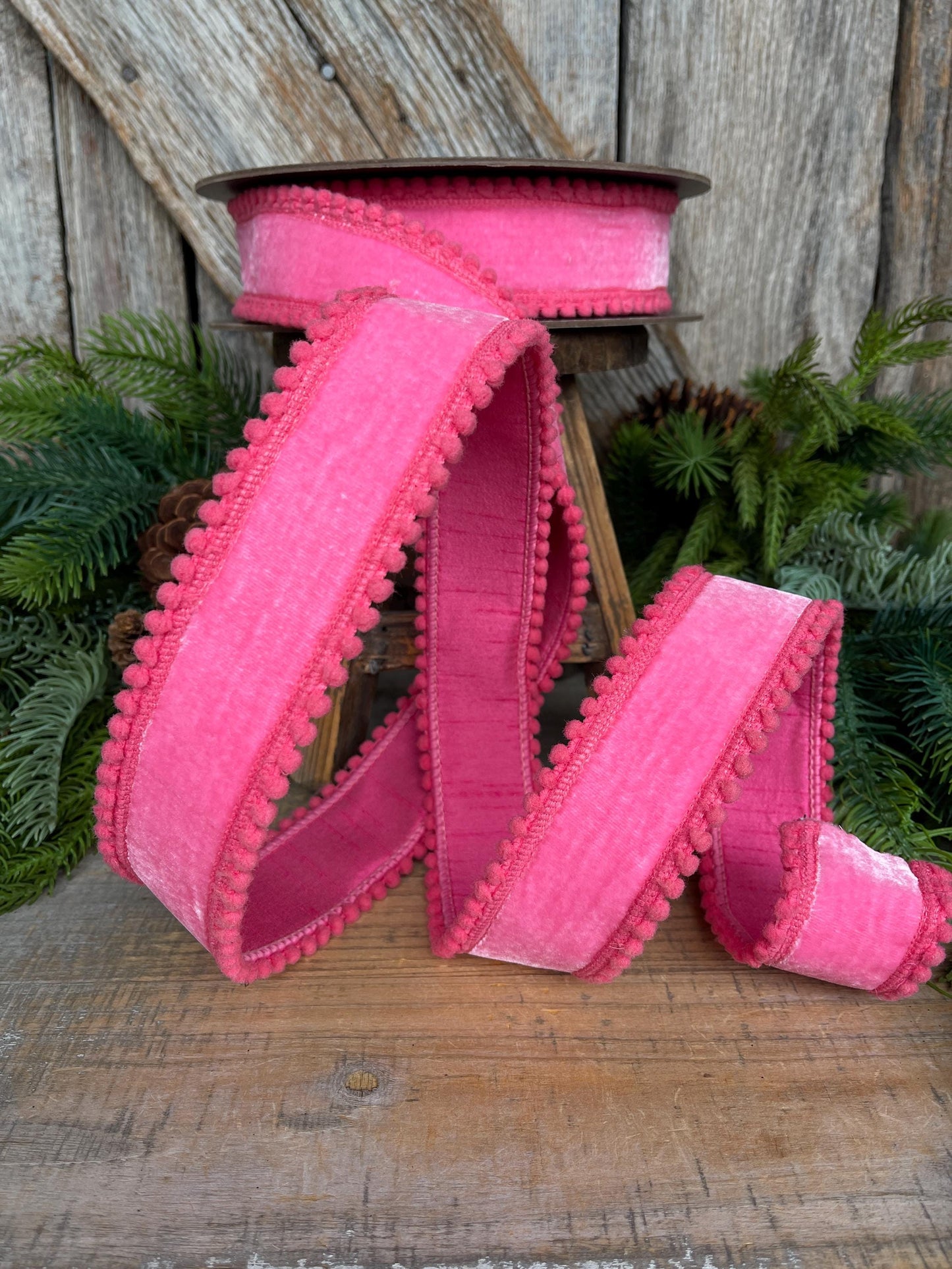 1.5" Pink Velvet Ribbon, Bubblegum Pink Ribbon with Pom Pom Edge