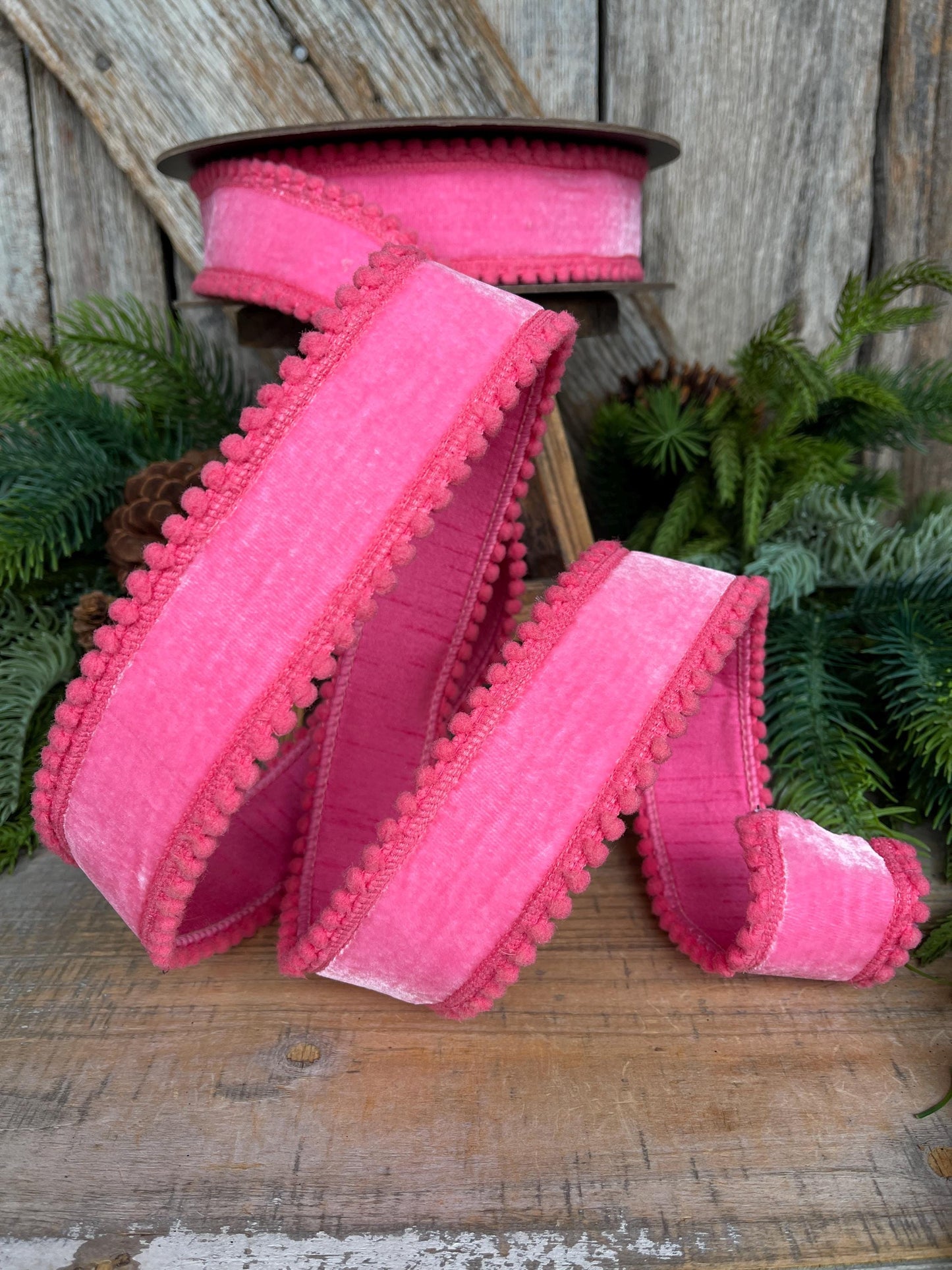 1.5" Pink Velvet Ribbon, Bubblegum Pink Ribbon with Pom Pom Edge