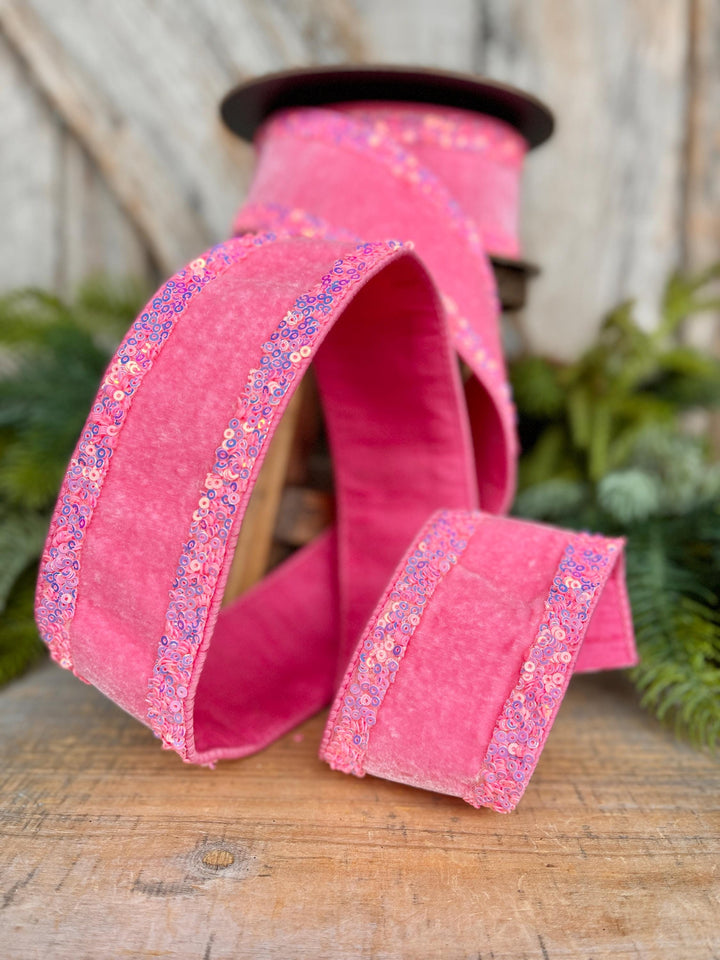 2.5" Pink Velvet Ribbon, Bubblegum Pink Ribbon with Iridescent Border
