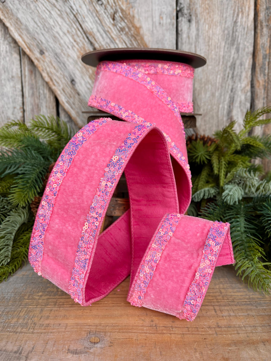 2.5" Pink Velvet Ribbon, Bubblegum Pink Ribbon with Iridescent Border