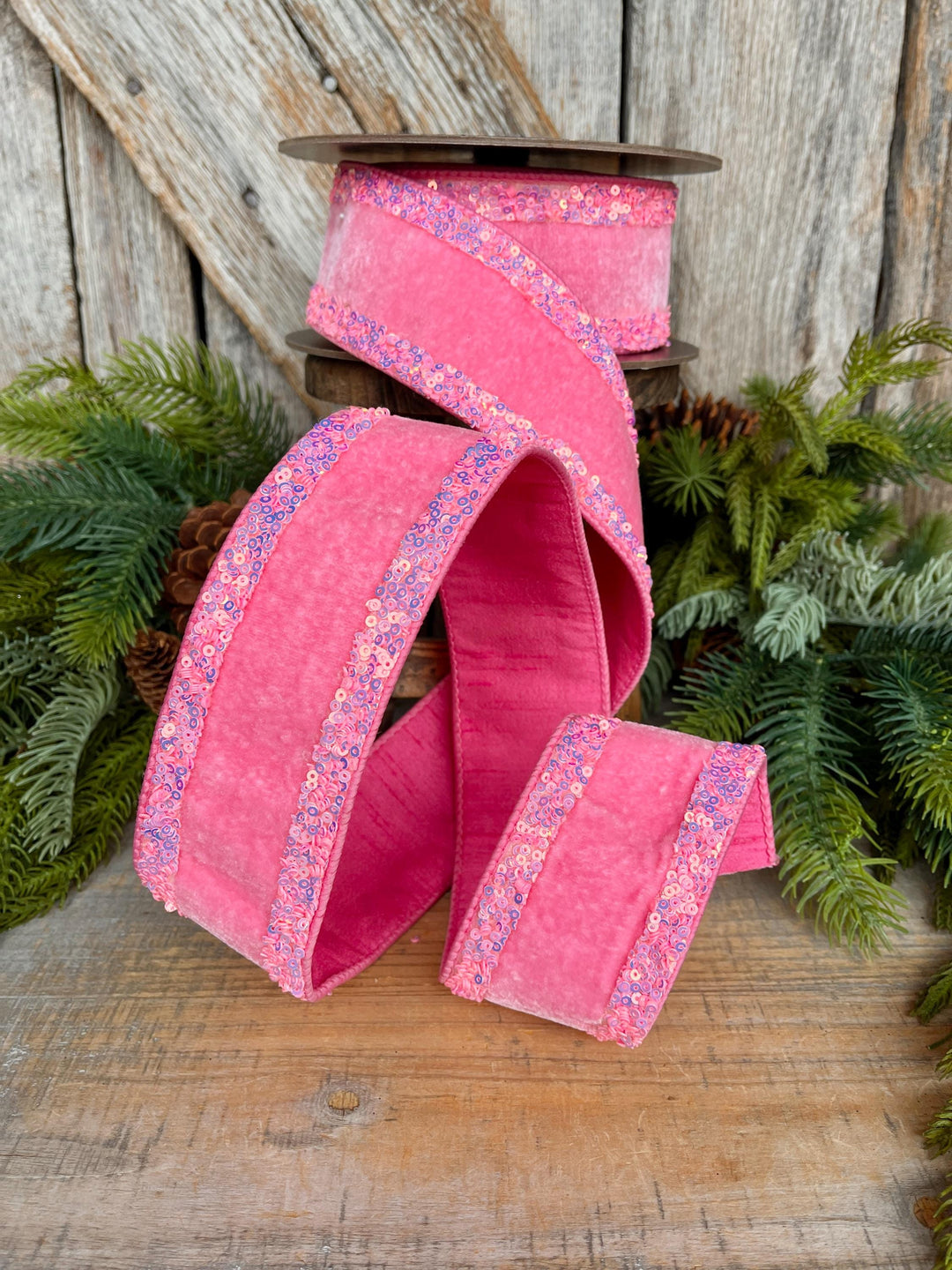 2.5" Pink Velvet Ribbon, Bubblegum Pink Ribbon with Iridescent Border