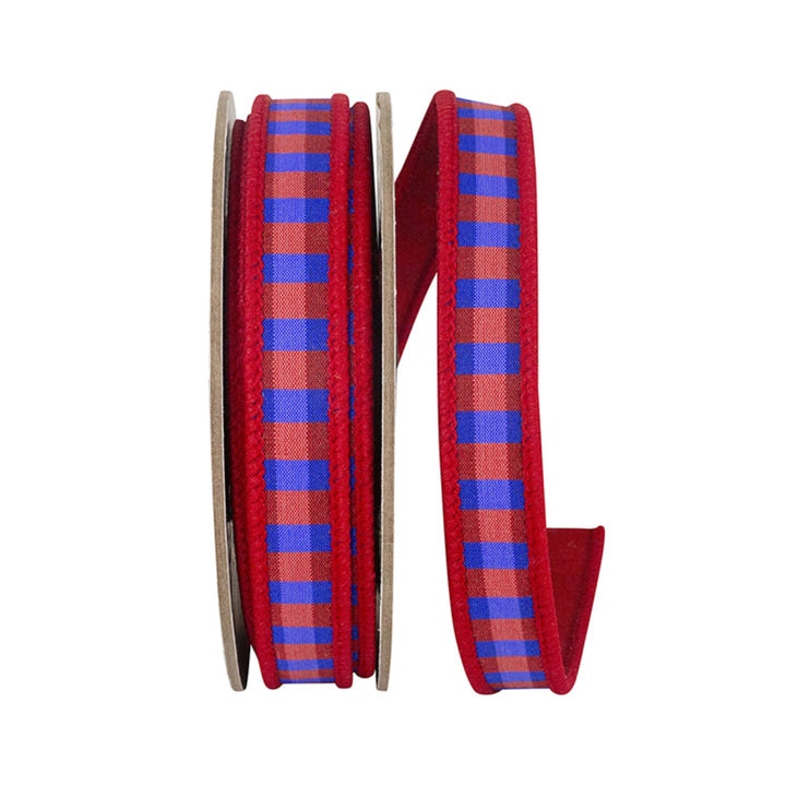 7/8" Red Blue Check Ribbon, Wired RIbbon, Patriotic Ribbon