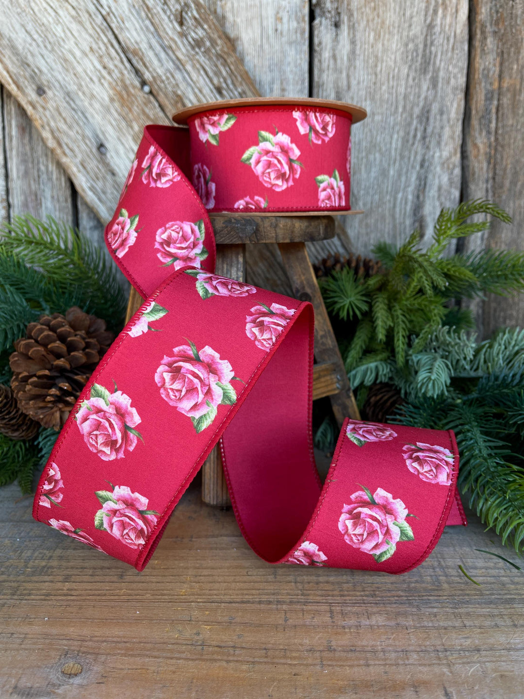 2.5" Valentine Ribbon, Red Pink Rose Wired Ribbon