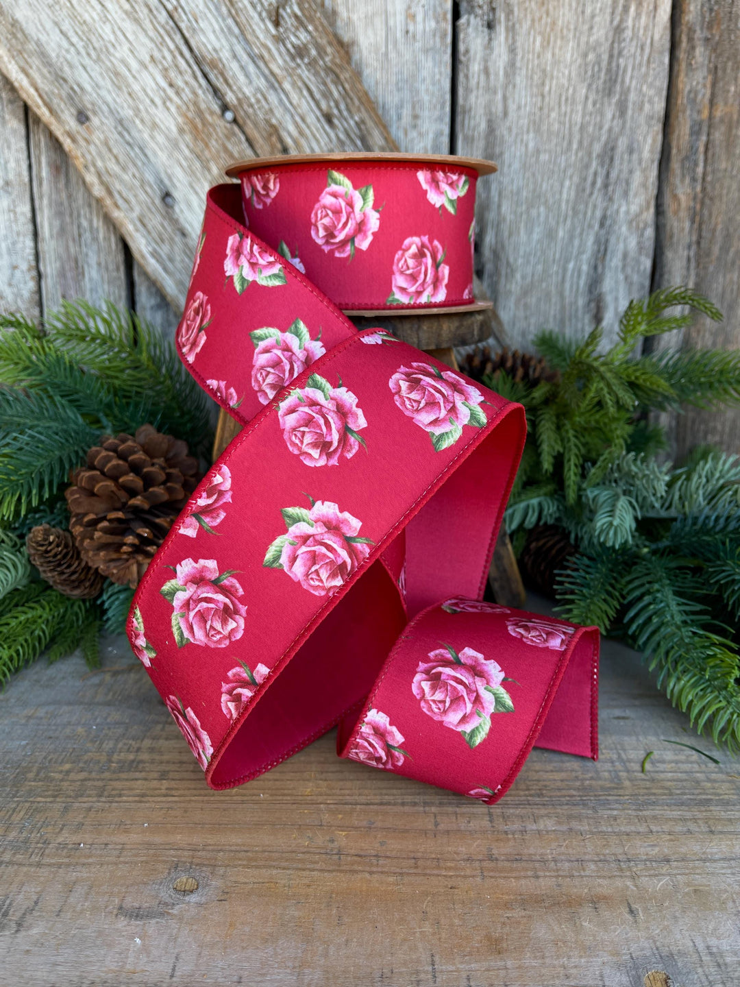 2.5" Valentine Ribbon, Red Pink Rose Wired Ribbon