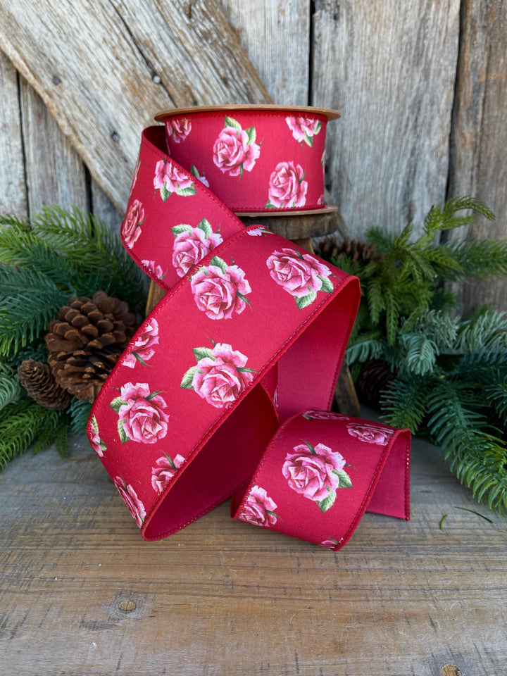 2.5" Valentine Ribbon, Red Pink Rose Wired Ribbon