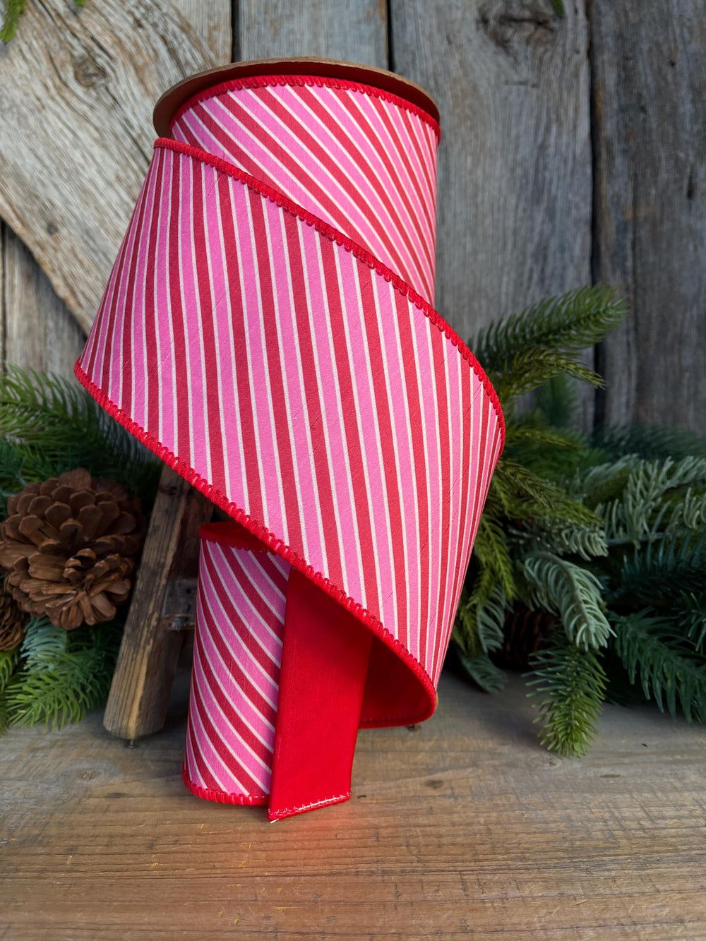4" Valentine Ribbon, Pink Red Diagonal Ribbon, Designer Wired Ribbon