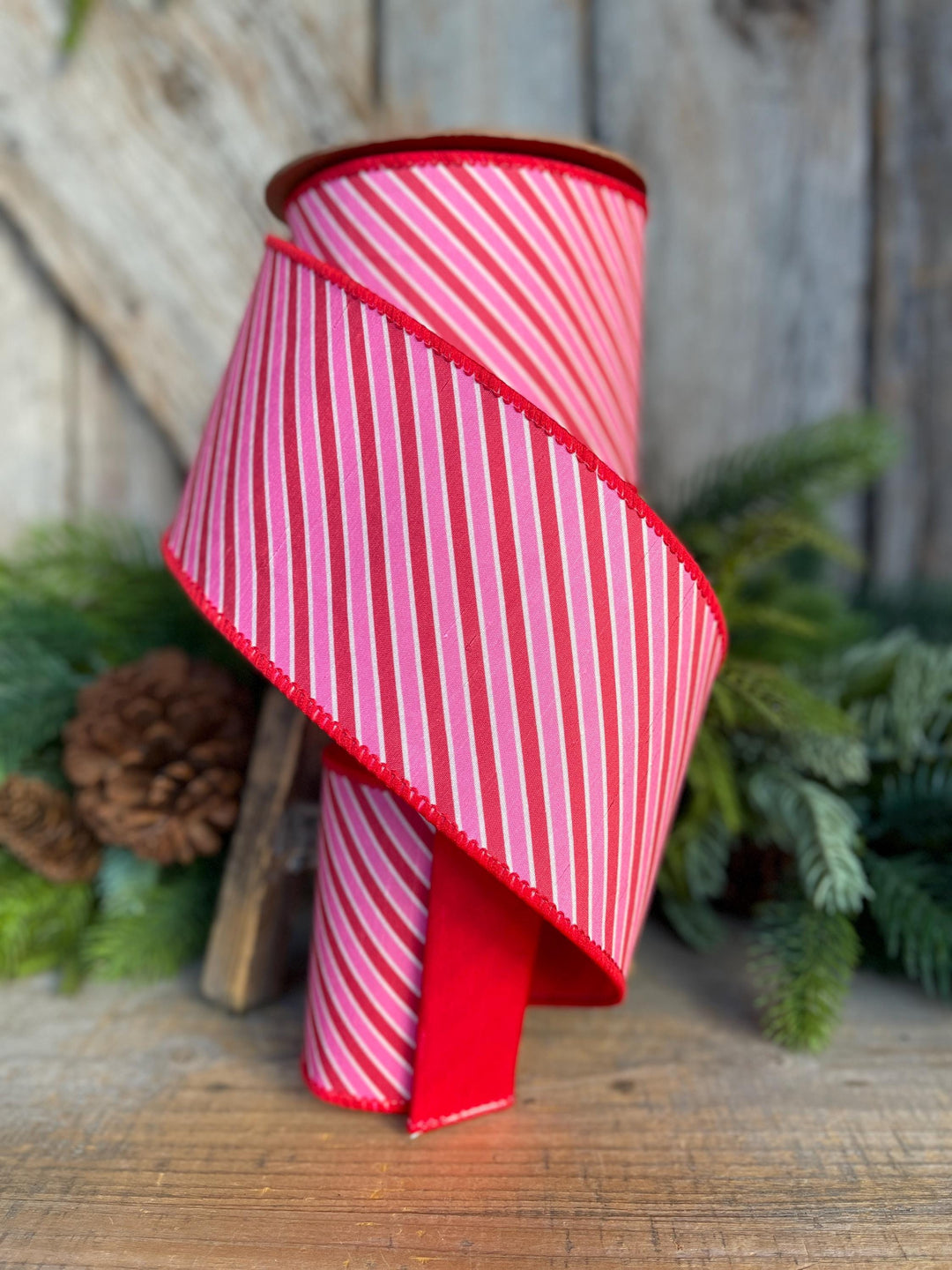 4" Valentine Ribbon, Pink Red Diagonal Ribbon, Designer Wired Ribbon