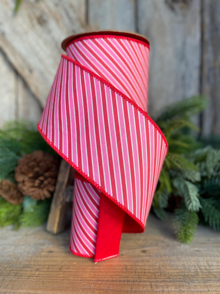 4" Valentine Ribbon, Pink Red Diagonal Ribbon, Designer Wired Ribbon