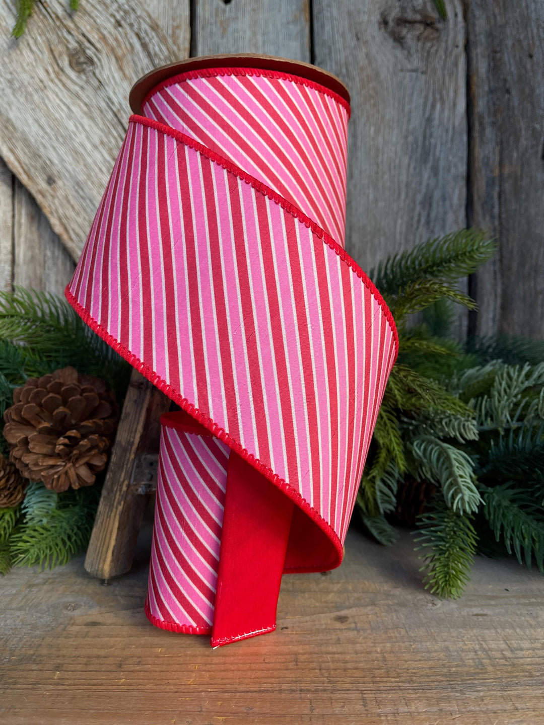 4" Valentine Ribbon, Pink Red Diagonal Ribbon, Designer Wired Ribbon